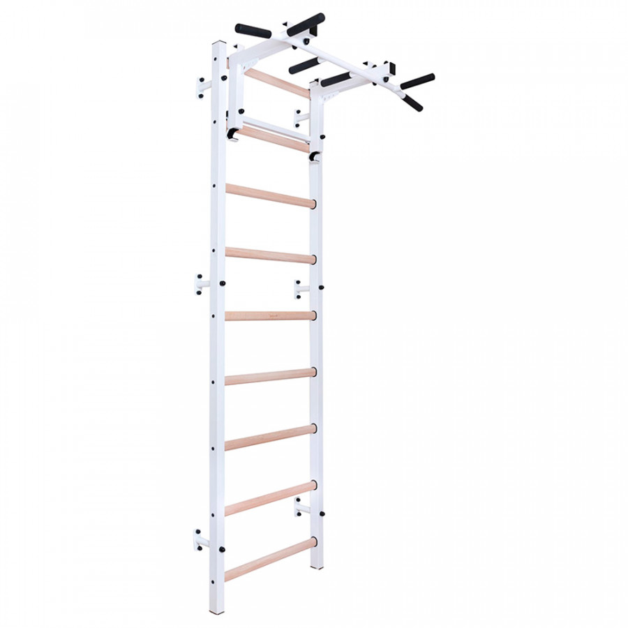BenchK 731W Wall Bar with Convertible Pull-Up Bar - White/Wood