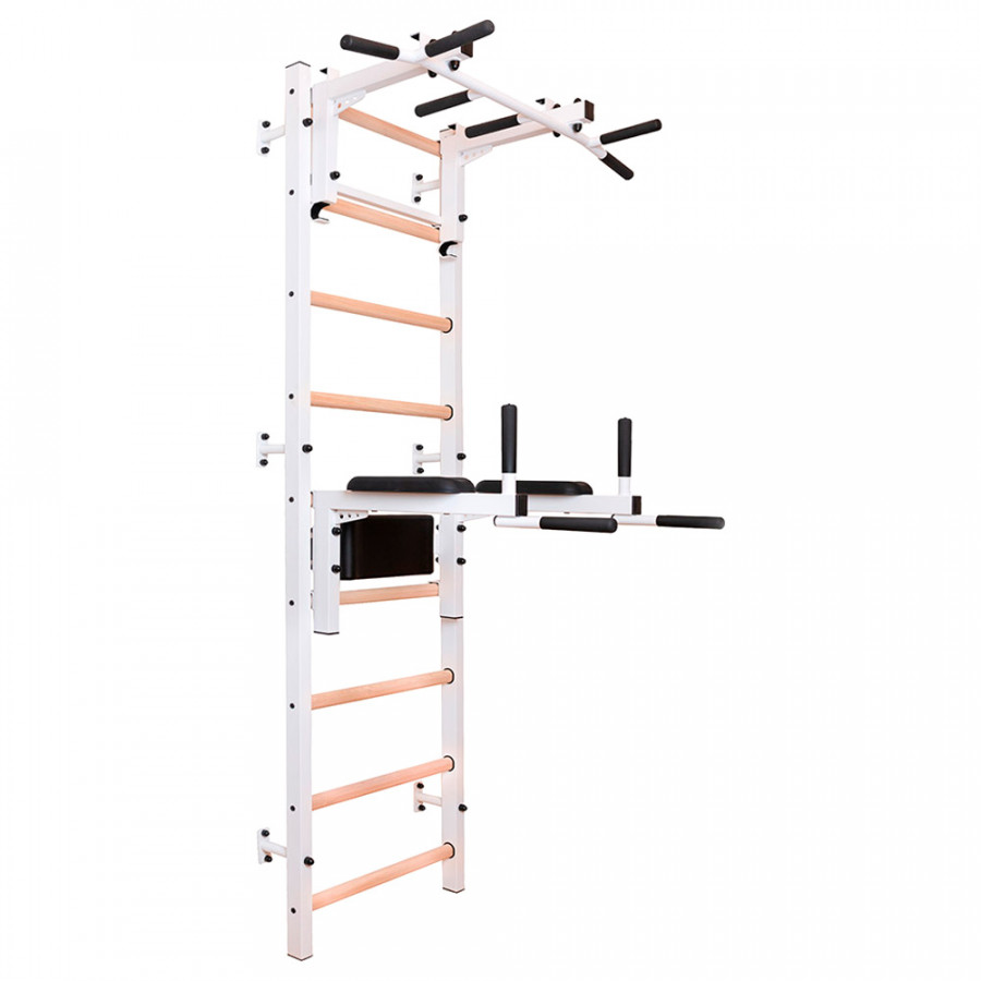 BenchK 732W Wall Bar with Convertible Pull-Up Bar and Dip Bar - White/Wood