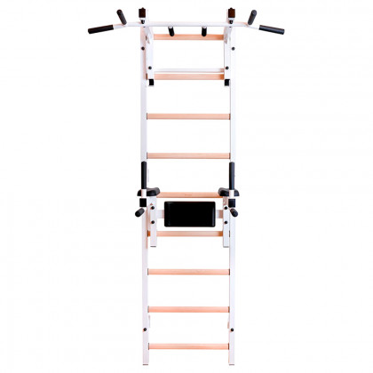 BenchK 732W Wall Bar with Convertible Pull-Up Bar and Dip Bar - White/Wood