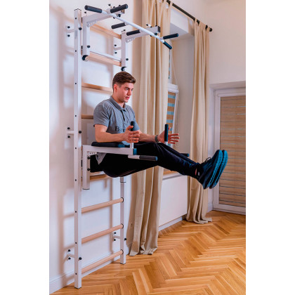 BenchK 732W Wall Bar with Convertible Pull-Up Bar and Dip Bar - White/Wood