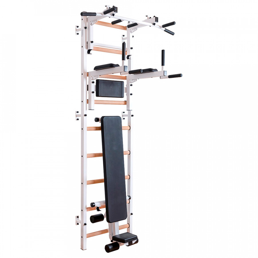 BenchK 733W Wall Bar with Convertible Pull-Up Bar, Dip Bar and Workout Bench - White/Wood