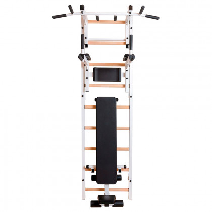 BenchK 733W Wall Bar with Convertible Pull-Up Bar, Dip Bar and Workout Bench - White/Wood