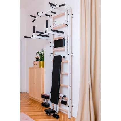 BenchK 733W Wall Bar with Convertible Pull-Up Bar, Dip Bar and Workout Bench - White/Wood