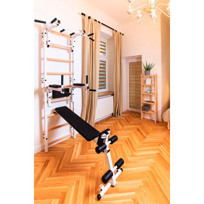 BenchK 733W Wall Bar with Convertible Pull-Up Bar, Dip Bar and Workout Bench - White/Wood