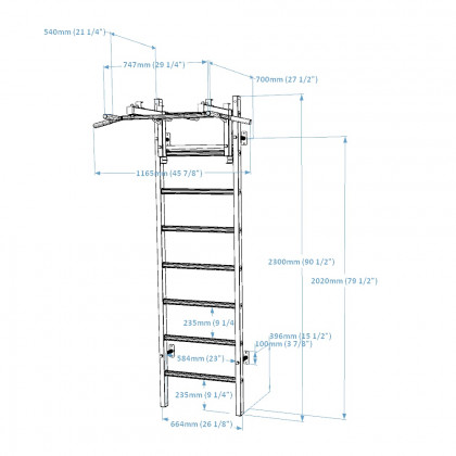 BenchK 231W Wall Bar with Convertible Pull-Up Bar - White/Wood