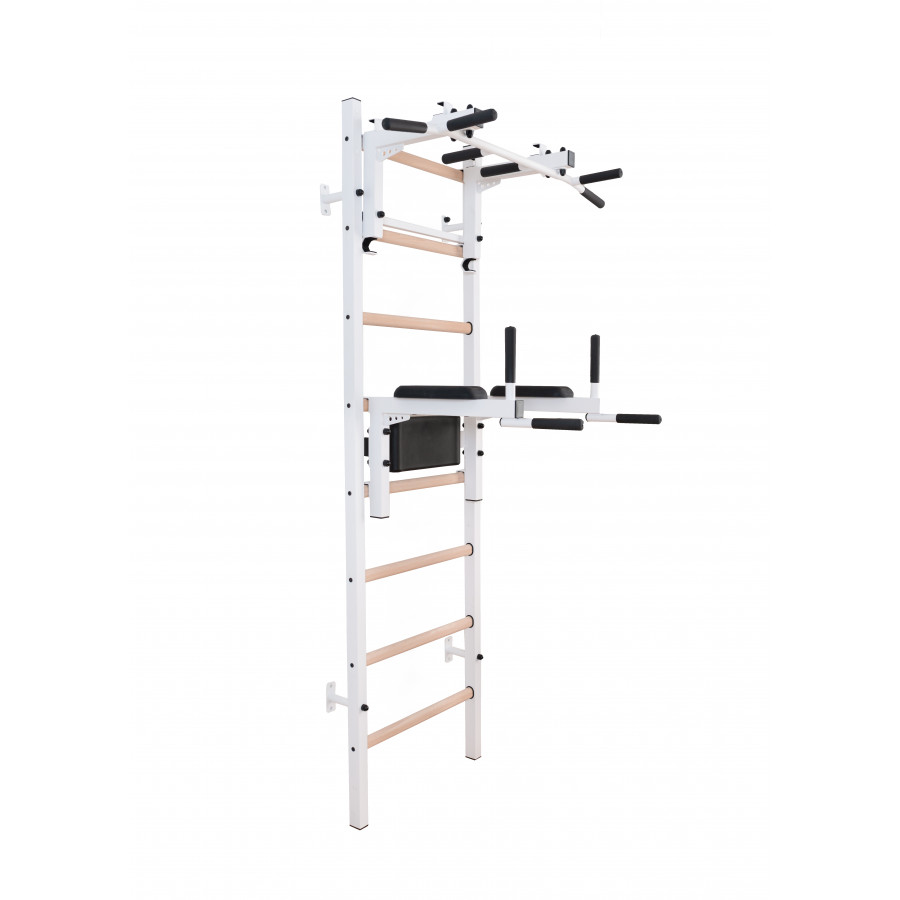 BenchK 232W Wall Bar with Convertible Pull-Up Bar and Dip Bar - White/Wood