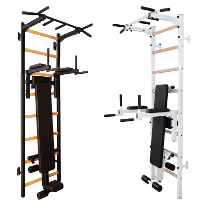 BenchK 223B Wall Bar with Fixed Pull-Up Bar, Dip Bar and Workout Bench - Black/Wood