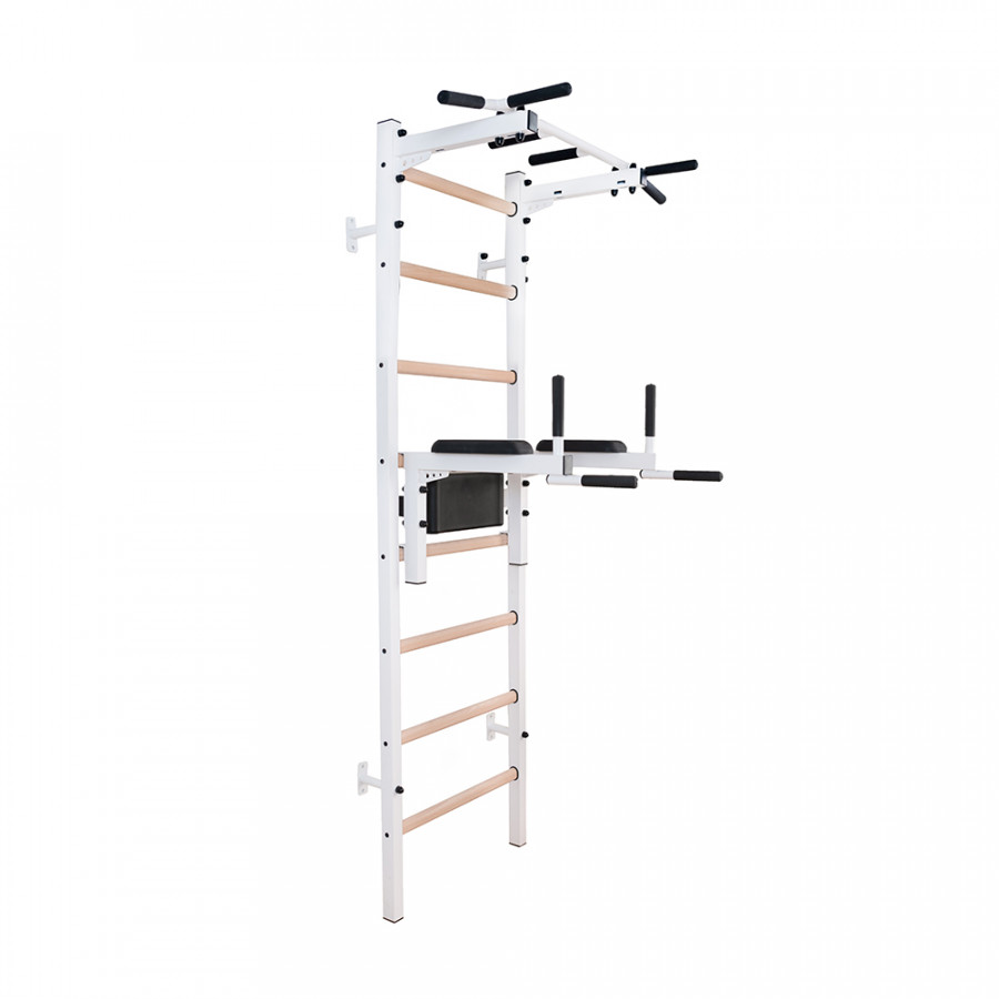 BenchK 222W Wall Bar with Fixed Pull-Up Bar and Dip Bar - White/Wood