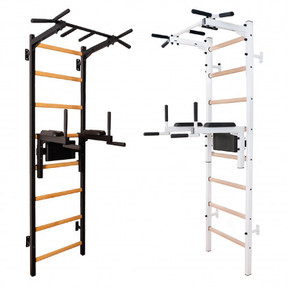 BenchK 222W Wall Bar with Fixed Pull-Up Bar and Dip Bar - White/Wood
