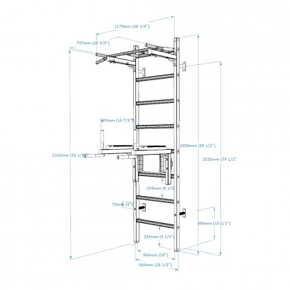 BenchK 222W Wall Bar with Fixed Pull-Up Bar and Dip Bar - White/Wood