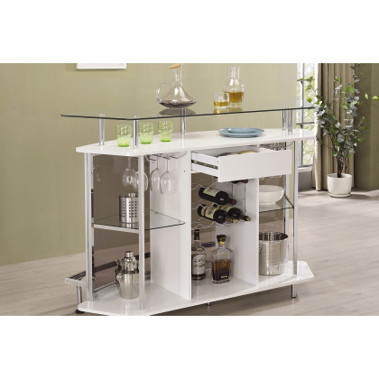 Coaster Crescent Shaped Glass Top Bar Unit with Drawer - White High Gloss