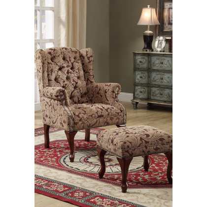 Coaster - Tufted Back Accent Chair And Ottoman in Light Brown/Burgundy