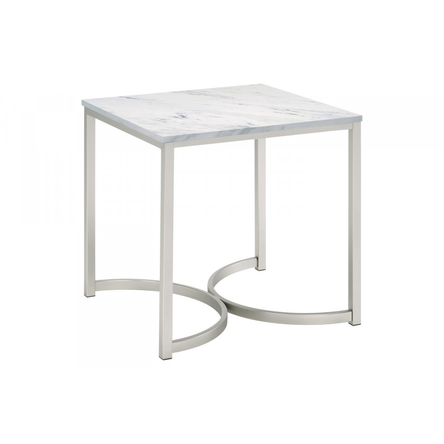 Coaster - Faux Marble Square End Table in White/Satin Nickel