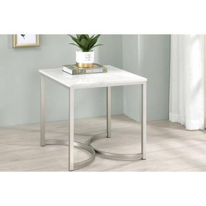 Coaster - Faux Marble Square End Table in White/Satin Nickel