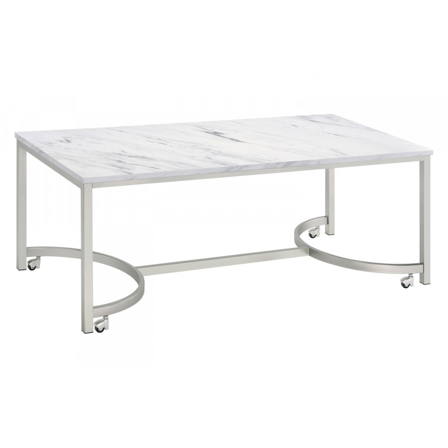 Coaster - Coffee Table With Casters in White/Satin Nickel