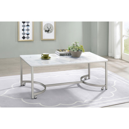 Coaster - Coffee Table With Casters in White/Satin Nickel