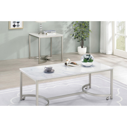 Coaster - Coffee Table With Casters in White/Satin Nickel