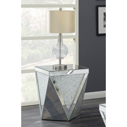 Coaster - Square End Table With Triangle Detailing in Silver/Clear Mirror