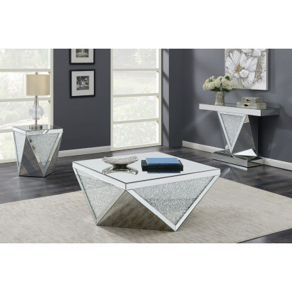 Coaster - Rectangular Sofa Table With Triangle Detailing in Silver/Clear Mirror