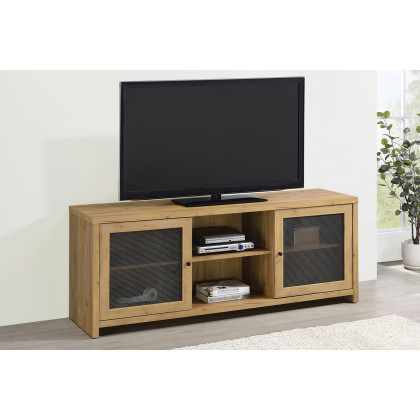Coaster - Mesh Door Rectangular TV Console in Golden Oak/Gunmetal