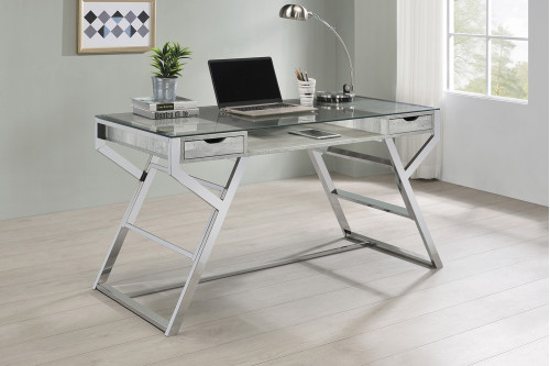 Coaster™ Emelle 2-Drawer Glass Top Writing Desk - Gray Driftwood/Chrome