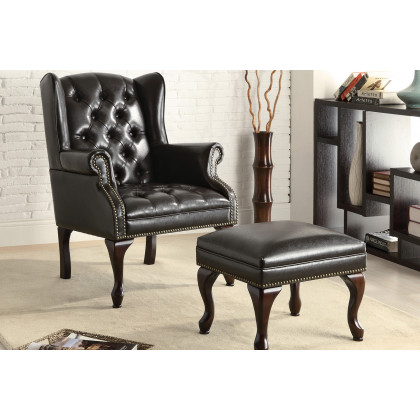 Coaster - Button Tufted Back Accent Chair With Ottoman in Black/Espresso