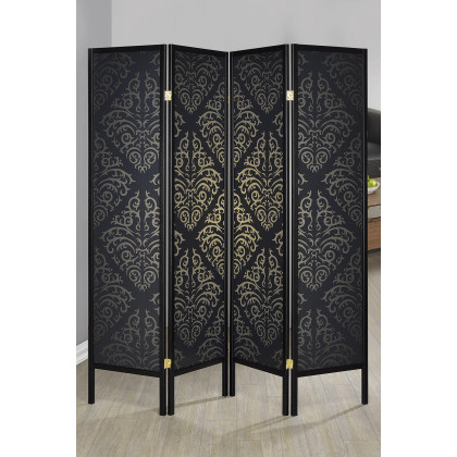 Coaster - 4-Panel Damask Pattern Folding Screen in Black