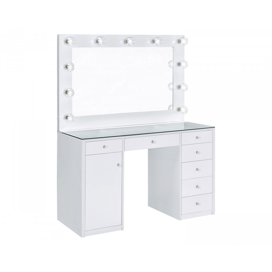 Coaster - 7-Drawer Glass Top Vanity Desk With Lighting in White