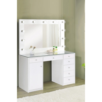 Coaster - 7-Drawer Glass Top Vanity Desk With Lighting in White