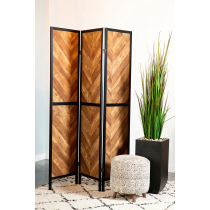 Coaster - Herringbone Pattern 3-Panel Screen in Rustic Tobacco/Black