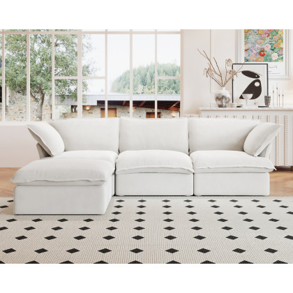 Crenus Softspot122.82" Linen Sectional Sofa-3 Seats with 1 Ottoman - White