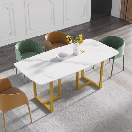 Crenus Pietra Curved Rectangular Dining Table - White/Gold, 63"