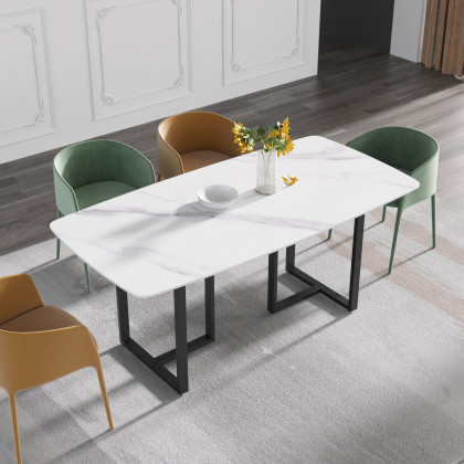 Crenus Pietra Curved Rectangular Dining Table - White/Gold, 63"