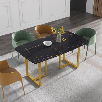 Crenus Pietra Curved Rectangular Dining Table - White/Gold, 63"
