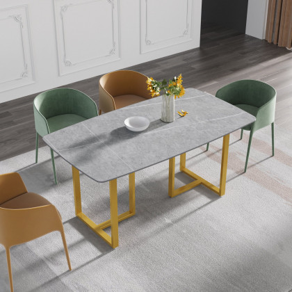 Crenus Pietra Curved Rectangular Dining Table - White/Gold, 63"