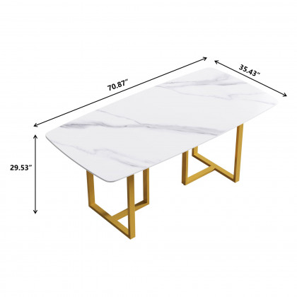 Crenus Pietra Curved Rectangular Dining Table - White/Gold, 63"