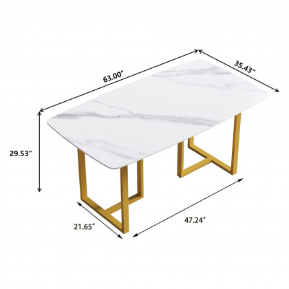 Crenus Pietra Curved Rectangular Dining Table - White/Gold, 63"