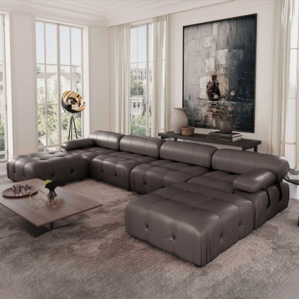 Crenus Lusso 138.60" U-Shaped Leather Sectional Sofa Lounge With 2 Ottomans - Brown