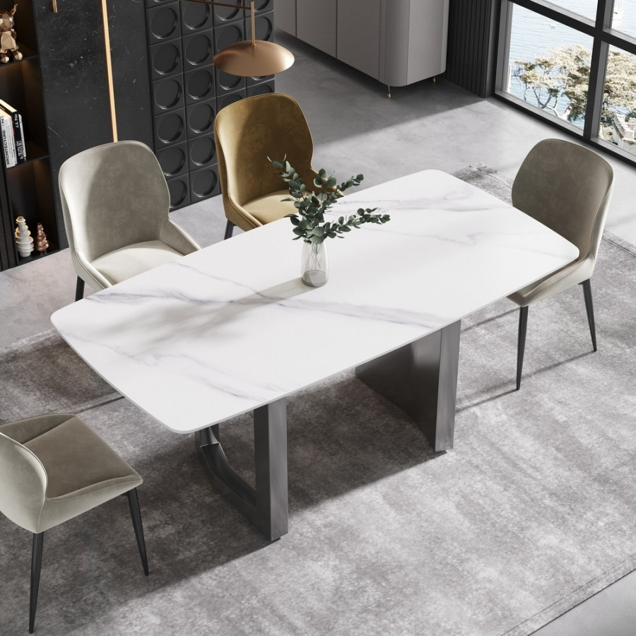 Crenus Basalto Curved Rectangular Dining Table - White/Gray, 70.87''