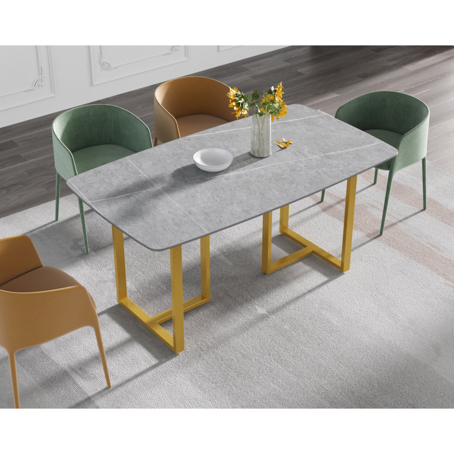 Crenus Pietra Curved Rectangular Dining Table - Gray/Gold, 70.87''