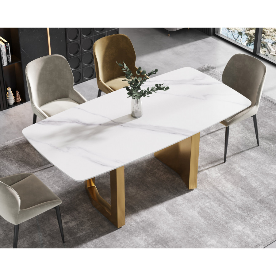 Crenus Basalto Curved Rectangular Dining Table - White/Gold, 70.87''