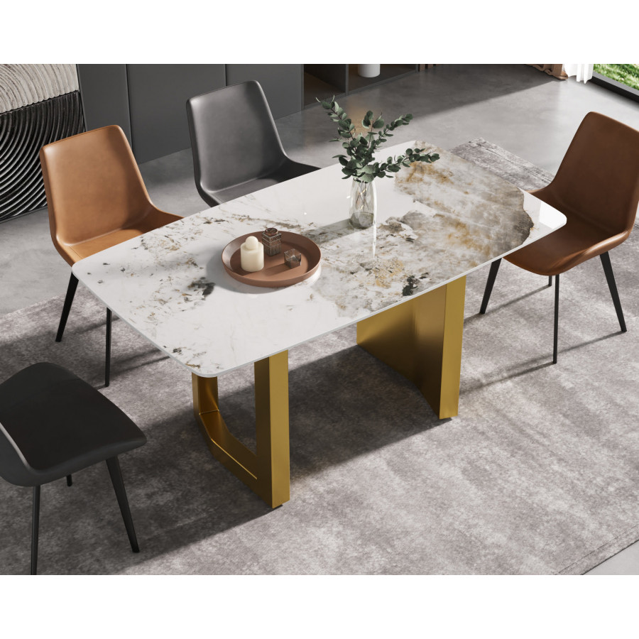 Crenus Basalto Curved Rectangular Dining Table - Pandora/Gold, 70.87''