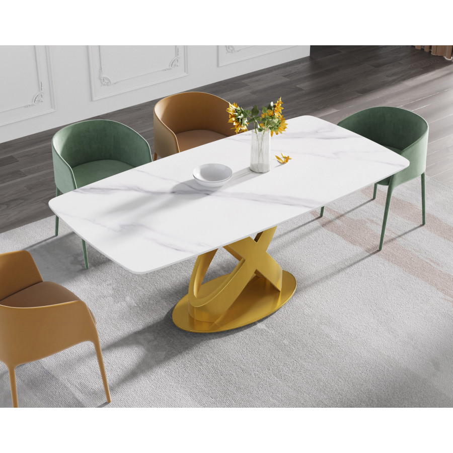 Crenus Luserna Curved Rectangular Dining Table - White/Gold, 70.87''