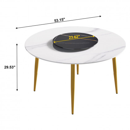 Crenus Lazy Sysan Round Dining Table - White/Gold, 53.15”