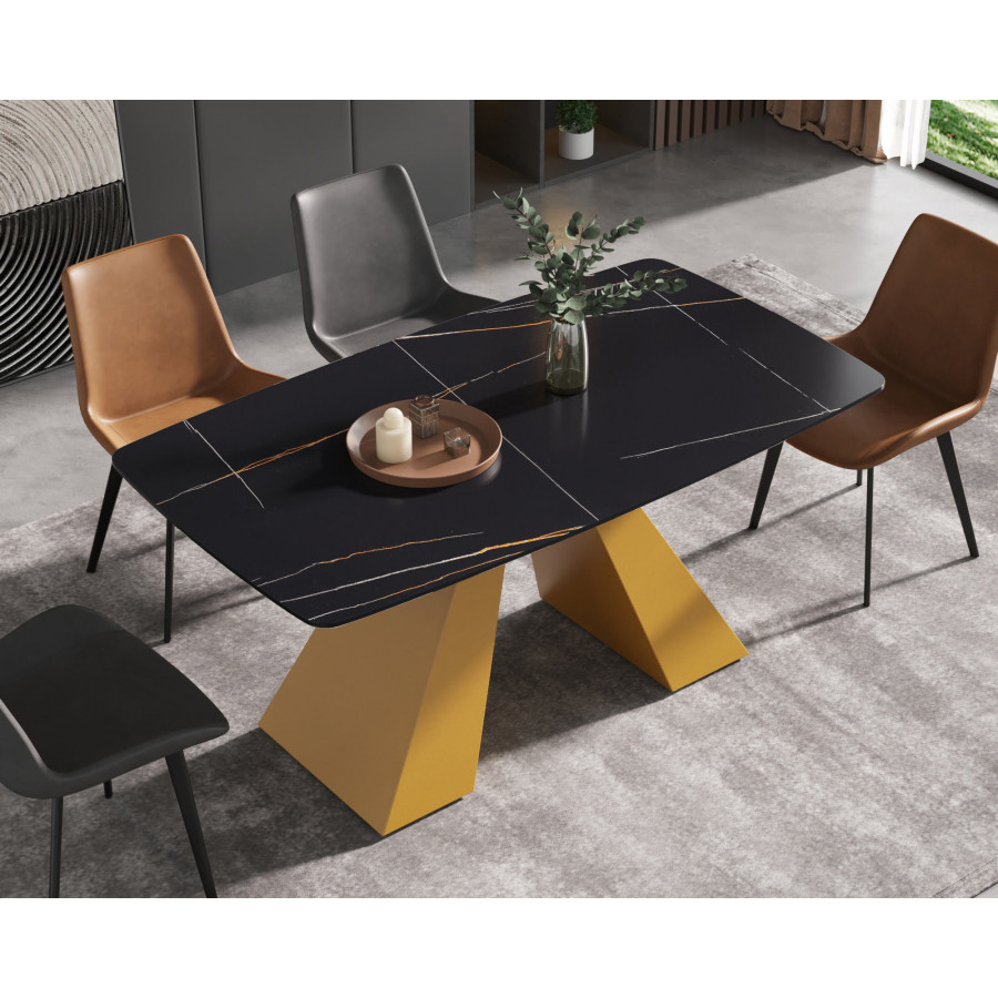Crenus La Regina Curved Rectangular Dining Table - Black/Gold, 70.87''
