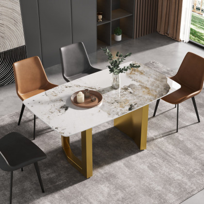 Crenus Basalto Curved Rectangular Dining Table - Pandora/Gold, 63"