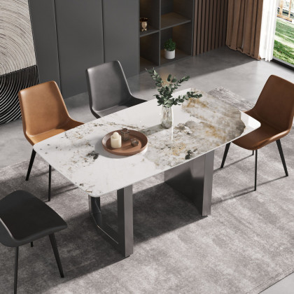 Crenus Basalto Curved Rectangular Dining Table - Pandora/Gold, 63"