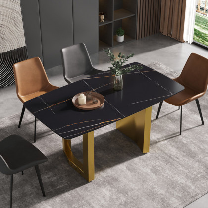 Crenus Basalto Curved Rectangular Dining Table - Pandora/Gold, 63"