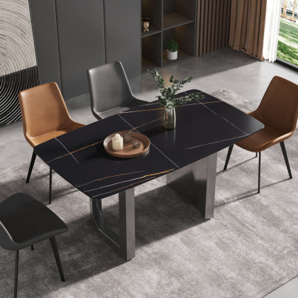 Crenus Basalto Curved Rectangular Dining Table - Pandora/Gold, 63"