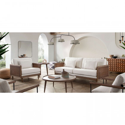 Diamond Sofa - Piper Linen Fabric Chair with Natural Rattan in White